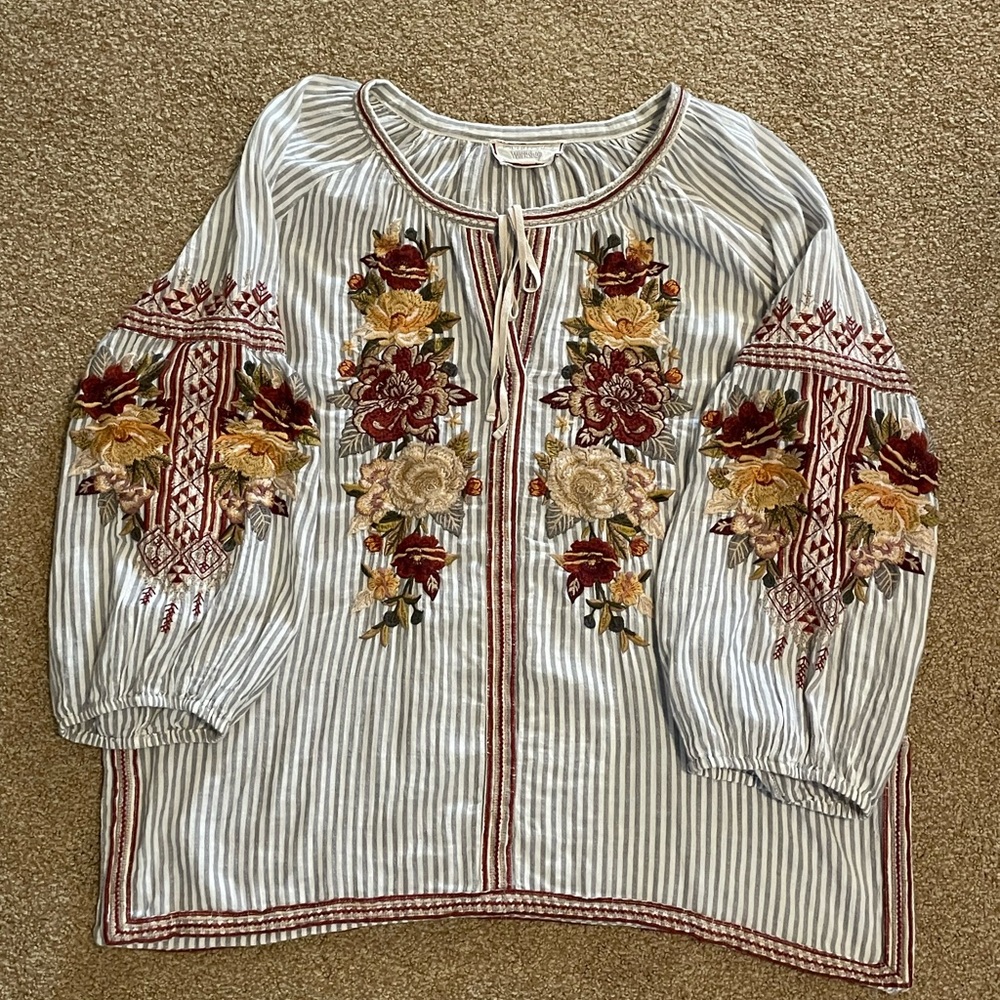 Johnny Was Embroidered Striped Blouse - Multicolor